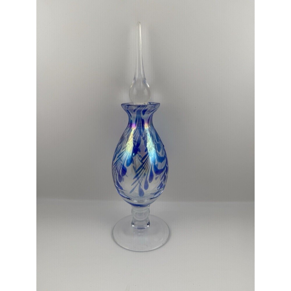 Royal Limited Crystal iridescent glass bottle with stopper blue feather design